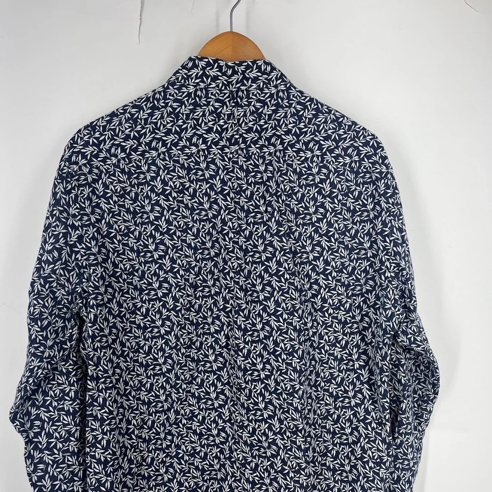 Banana Republic Mens Slim Fit 100% Linen Leaf Print Button Down Shirt Navy M